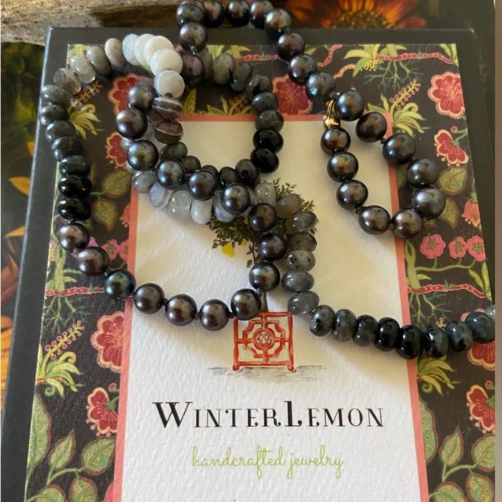 OOAK WinterLemon Hand Strung Pearl and Gemstone Necklace